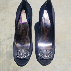Audrey Brooke, Black, size 10 rhinestone open toe heals